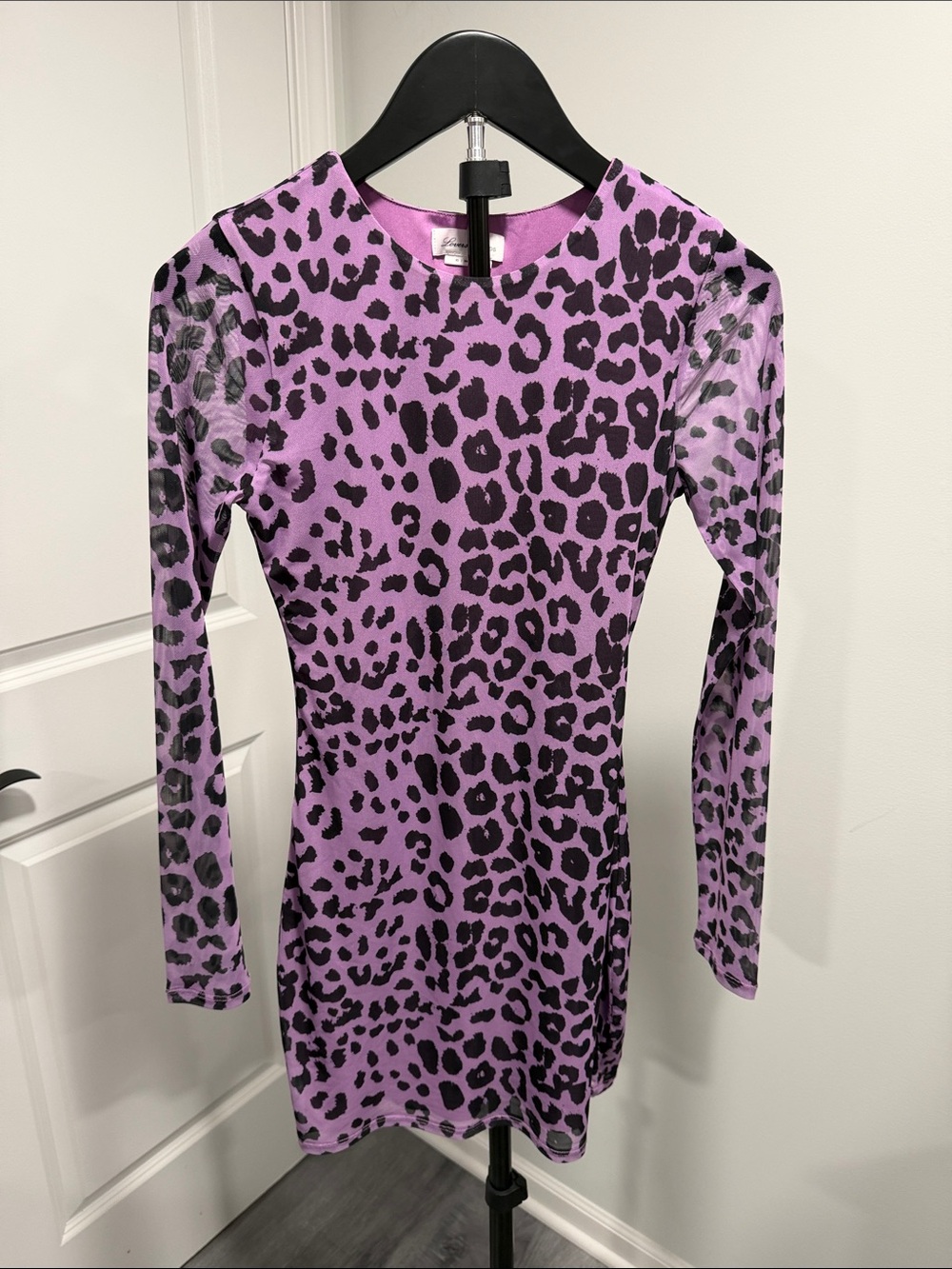 NWOT Lovers + Friends Sasha Purple lined Leopard Print Dress with sheer sleeves